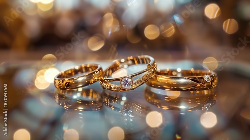 /imagine A trio of gold rings, each with a unique design and gemstone, arranged artistically on a glass surface with reflections and bokeh lights in the background. photo