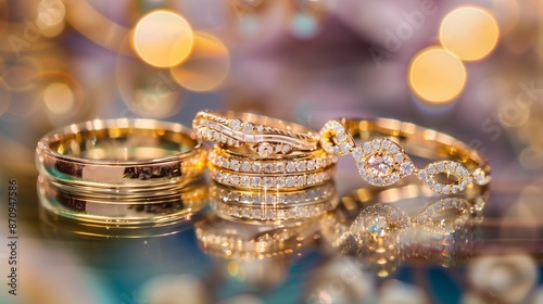 /imagine A trio of gold rings, each with a unique design and gemstone, arranged artistically on a glass surface with reflections and bokeh lights in the background. photo