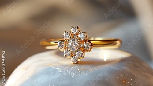 /imagine A unique gold ring with a cluster of small diamonds forming a floral pattern, displayed on a piece of smooth white marble, with natural light enhancing the diamonds' brilliance. photo