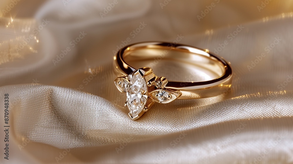 /imagine An elegant gold ring with a marquise-cut diamond, placed on a satin cloth with soft, ambient lighting that highlights the ring's intricate details. /imagine An elegant gold ring with a marquise-cut diamond, placed on a satin cloth with soft, ambient lighting that highlights the ring's intricate details.