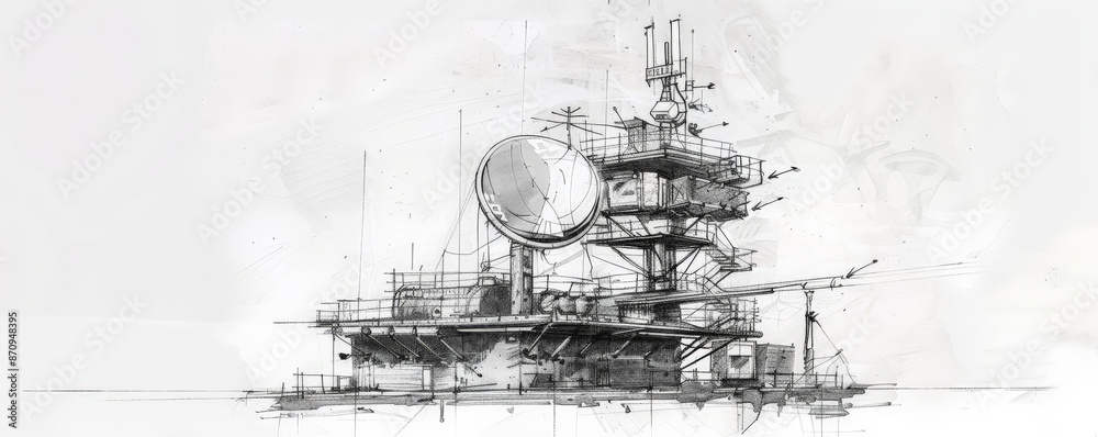 Obraz premium A detailed sketch of a combat communication tower, featuring its antennas, control units, and power supply. The white background emphasizes the tower's design and communication capabilities.