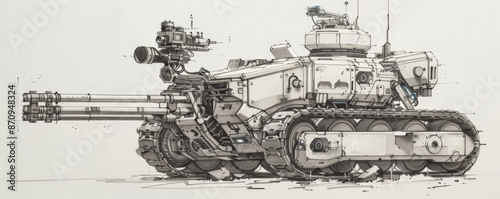 A detailed sketch of a battlefield robot, featuring its mobility tracks, weapon mounts, and surveillance cameras. The white background highlights the robotic technology and military applications.