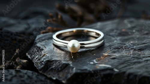 /imagine An elegant, minimalist ring featuring a band of white gold with a single pearl, positioned on a piece of dark slate with gentle illumination. photo