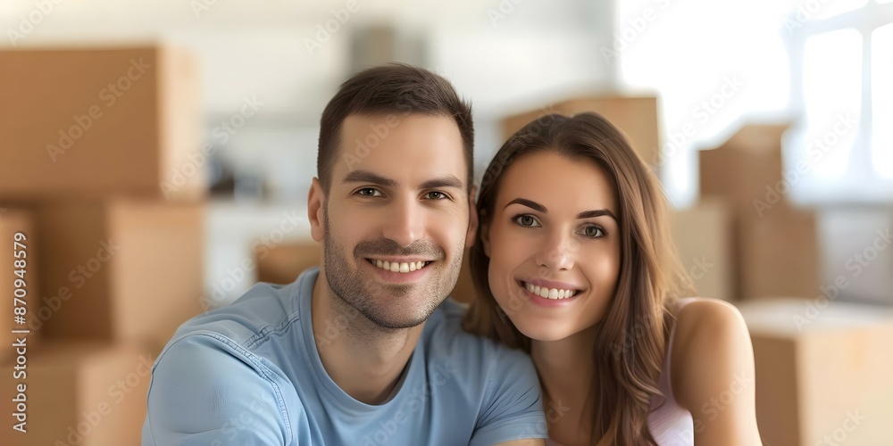 Happy young couple sits among cardboard boxes in new home smiling. Concept New Home, Moving Day, Happy Couple, Cardboard Boxes, Smiling Happy young couple sits among cardboard boxes in new home smiling. Concept New Home, Moving Day, Happy Couple, Cardboard Boxes, Smiling