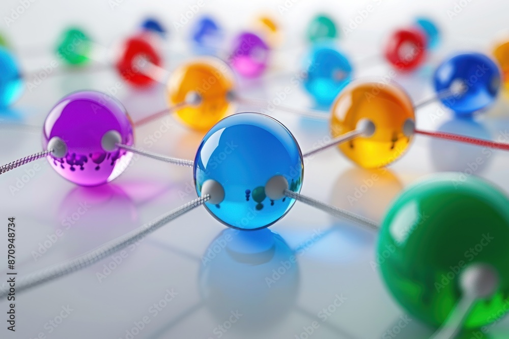 Obraz premium Communication and connection concept with color spheres connected by wires. ai generative
