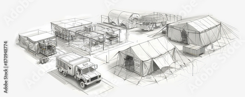 A detailed sketch of a military field hospital, featuring its modular tents, medical equipment, and emergency vehicles. The white background emphasizes the structure's design and functionality.