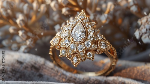 /imagine An ornate gold ring with a teardrop diamond, surrounded by intricate filigree and small diamonds, displayed on a plush velvet background with rich textures. photo