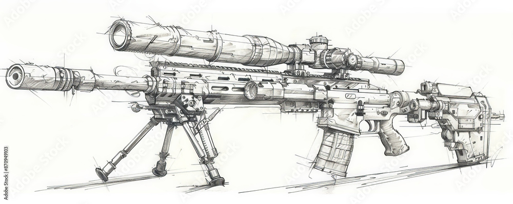 Obraz premium A detailed sketch of a sniper rifle, showcasing its scope, barrel, and bipod. The white background highlights the weapon's accuracy and mechanical design.