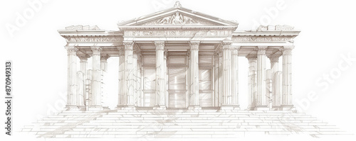 A detailed sketch of an ancient Greek temple, with fluted columns, a pediment, and intricate friezes. The white background highlights the classical elements and symmetry of the architecture.