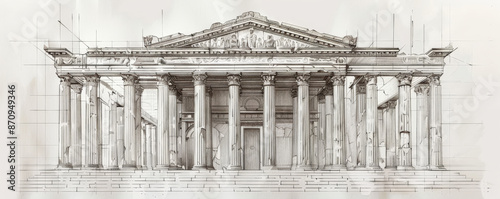 A detailed sketch of an ancient Greek temple, with fluted columns, a pediment, and intricate friezes. The white background highlights the classical elements and symmetry of the architecture.