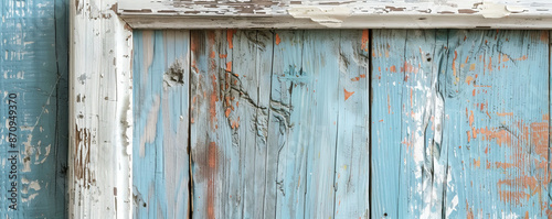 A distressed wooden picture frame with peeling paint, leaning against a rough, weathered wooden background. The texture of the frame complements the rustic charm of the background. © AI_images