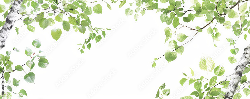 A frame of birch leaves and branches, isolated on a white background. The light green leaves and white bark form a fresh and airy border. A frame of birch leaves and branches, isolated on a white background. The light green leaves and white bark form a fresh and airy border.