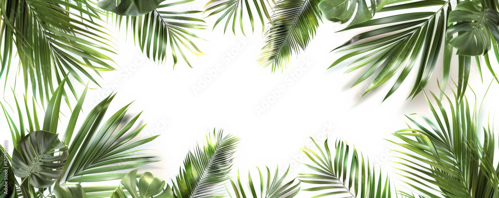 A frame of palm leaves, isolated on a white background. The large, lush green leaves create a tropical and exotic border.