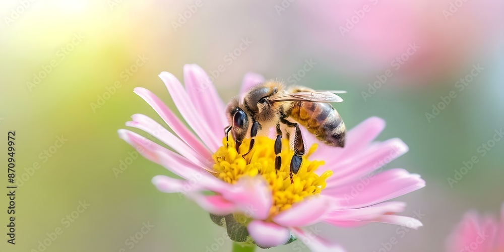 Closeup of bee pollinating colorful flower in hig. Concept Closeup Photography, Nature, Pollination, Insect Wildlife, Colorful Flowers Closeup of bee pollinating colorful flower in hig. Concept Closeup Photography, Nature, Pollination, Insect Wildlife, Colorful Flowers