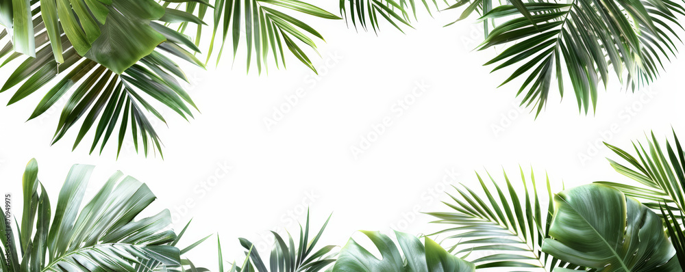 A frame of palm leaves, isolated on a white background. The large, lush green leaves create a tropical and exotic border. A frame of palm leaves, isolated on a white background. The large, lush green leaves create a tropical and exotic border.
