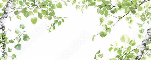 A frame of birch leaves and branches, isolated on a white background. The light green leaves and white bark form a fresh and airy border.