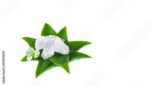 White crystal clear alum cube on green leaf isolated on white background.