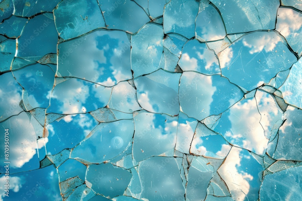 Cracked transparent glass texture with blue sky cloud background. ai generative Cracked transparent glass texture with blue sky cloud background. ai generative
