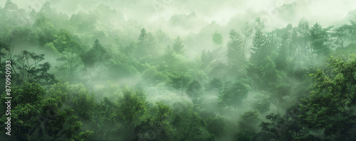 A lush, green forest landscape with a thick layer of fog that blankets the ground. The mist creates an ethereal atmosphere, with the trees and foliage softly blurred by the fog. © AI_images