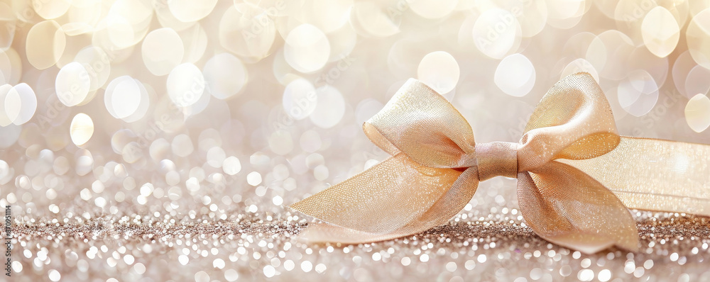 A luxurious champagne gold ribbon bow on a white glitter background. The rich color and sparkling texture create a sophisticated and elegant feel. A luxurious champagne gold ribbon bow on a white glitter background. The rich color and sparkling texture create a sophisticated and elegant feel.