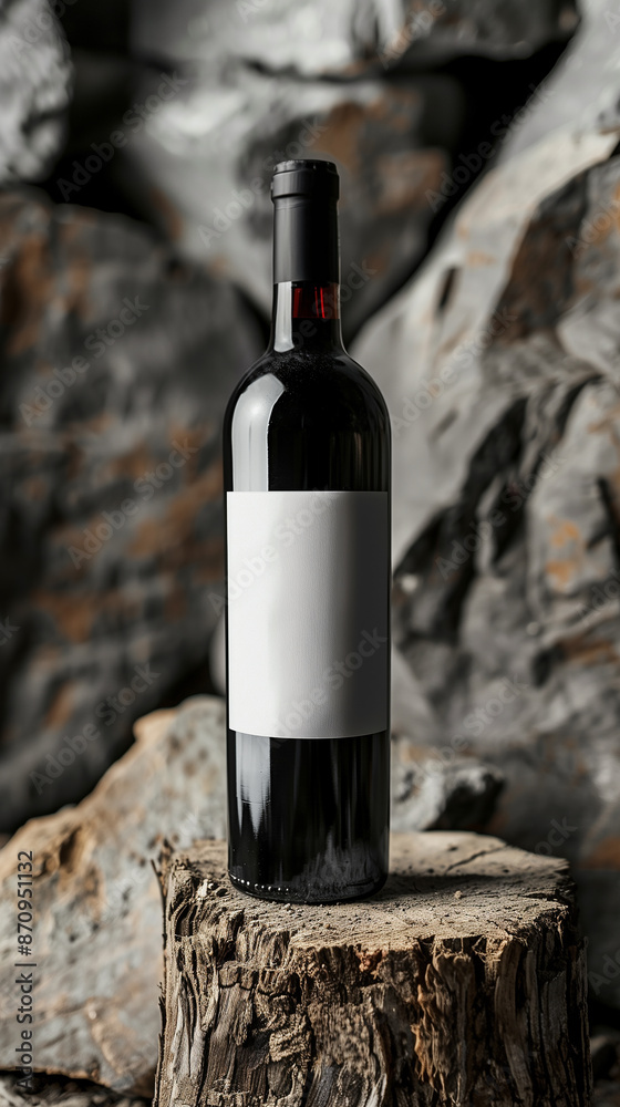 A bottle of wine is sitting on a dark surface A bottle of wine is sitting on a dark surface
