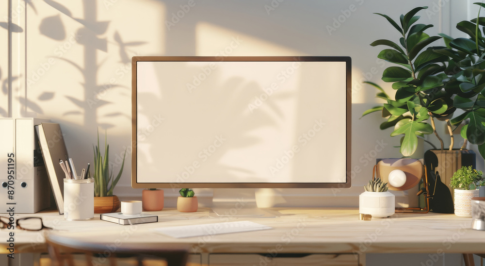 A computer monitor sits on a desk with a potted plant and a few other items by AI generated image A computer monitor sits on a desk with a potted plant and a few other items by AI generated image