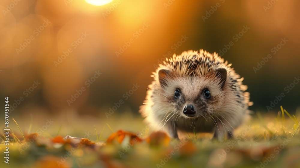 A hedgehog walks through a green meadow at sunset A hedgehog walks through a green meadow at sunset
