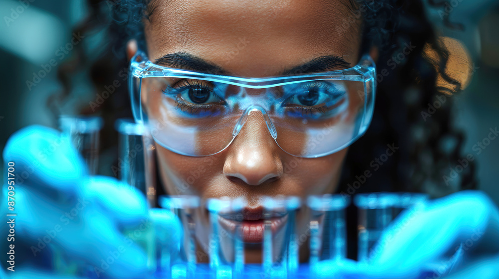African American pharmaceutical lab specialist analyzing African American pharmaceutical lab specialist analyzing