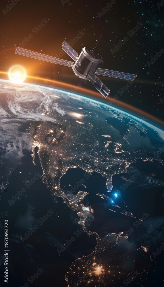 Obraz premium Satellite in orbit blue sunlight reflecting on city lights from earth, low angle view