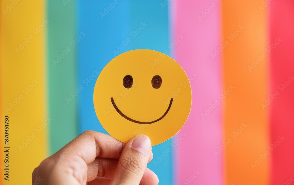 Hand holding a paper cut smile face in front of a colorful background, cheerful and uplifting, hand holding smiley face, positivity and happiness Hand holding a paper cut smile face in front of a colorful background, cheerful and uplifting, hand holding smiley face, positivity and happiness