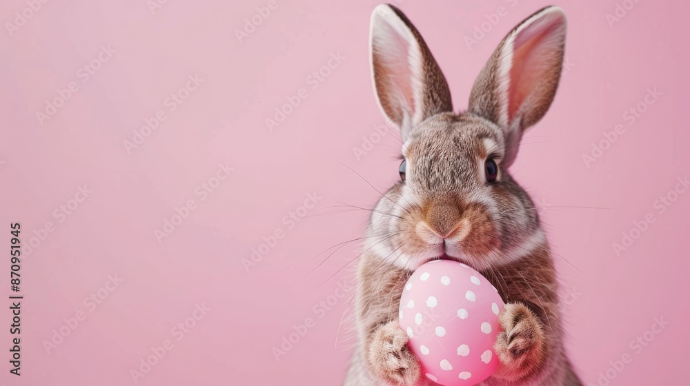 Obraz premium Easter bunny holding painted egg on pink backdrop symbolizing Easter festivity