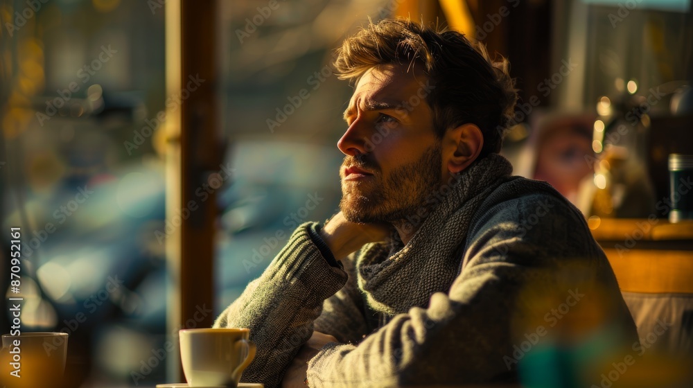 Morning Coffee Reflections: Man with a Weary Expression in a Sunlit Café Setting Morning Coffee Reflections: Man with a Weary Expression in a Sunlit Café Setting
