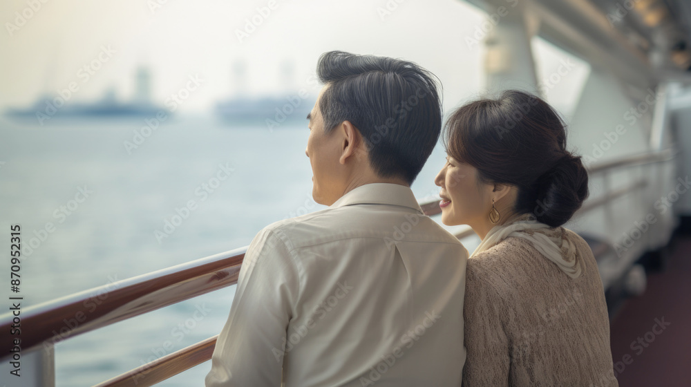 Mature asian couple on cruise ship enjoying the ocean view, back view, copy space Mature asian couple on cruise ship enjoying the ocean view, back view, copy space
