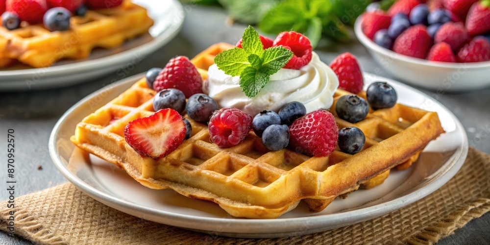 Waffles topped with fresh berries and mint. Waffles topped with fresh berries and mint.