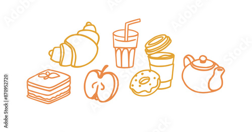 Breakfast hand drawn ingredients vector set. Crunches. Morning meal menu design. Collection of dishes for breakfast and brunch. Sketch. Fresh vegetables, cheese, scrambled eggs, bacon, coffee.