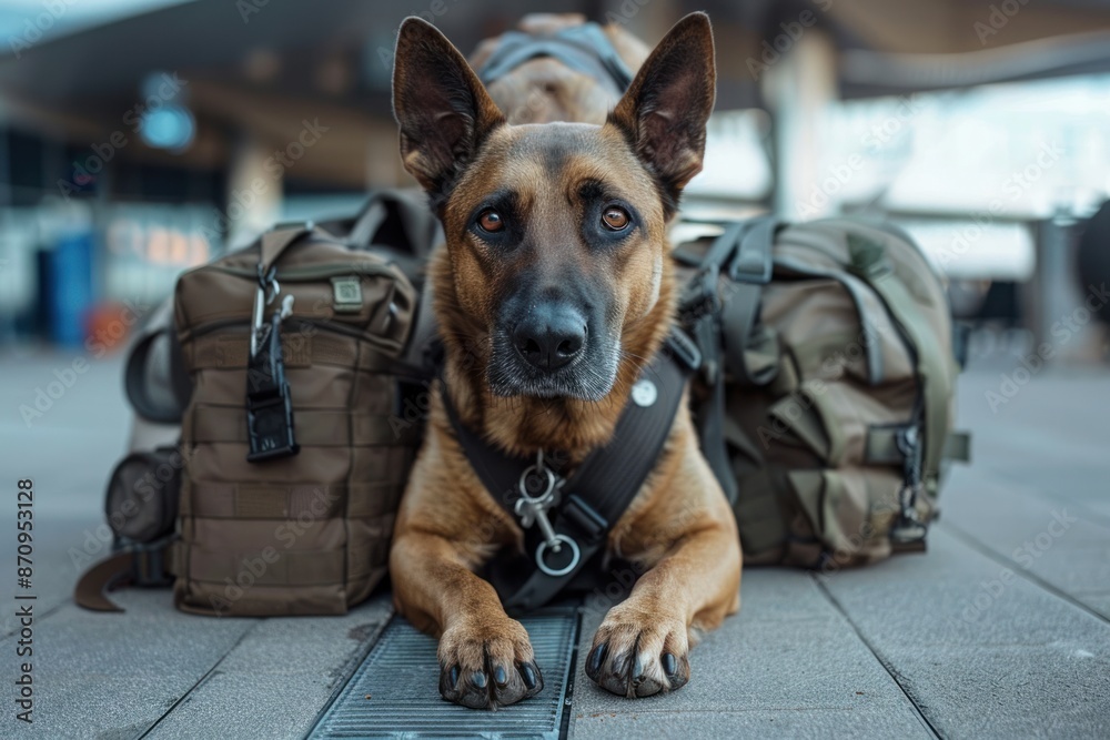Obraz premium Dog sniffs luggage, search for drugs and weapons. ai generative