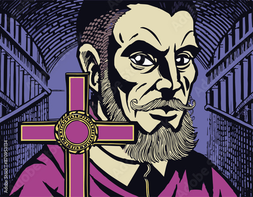A Catholic exorcist priest holding a cross in a catacomb