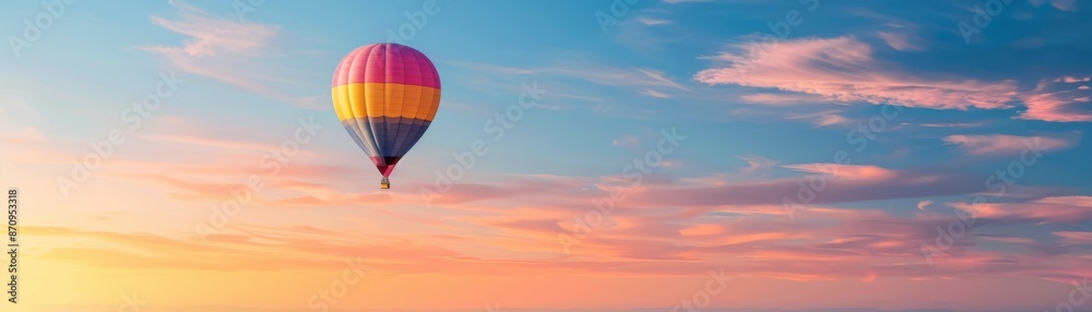 Naklejka premium Colorful hot air balloon soaring against a pastel sky during sunset, representing adventure, freedom, and peaceful travel in nature.