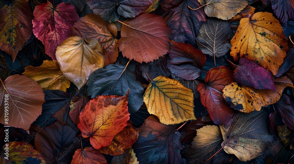 Autumn leaves in warm colors, close up, seasonal transition, vibrant, manipulation, woodland trail backdrop Autumn leaves in warm colors, close up, seasonal transition, vibrant, manipulation, woodland trail backdrop
