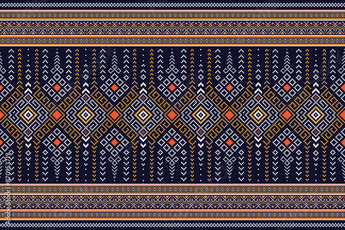 Fabric pixel abstract geometric pattern Thai stye design for clothing, fabric, background, wallpaper, wrapping, batik. Knitwear, Embroidery style. Aztec geometric art ornament print.