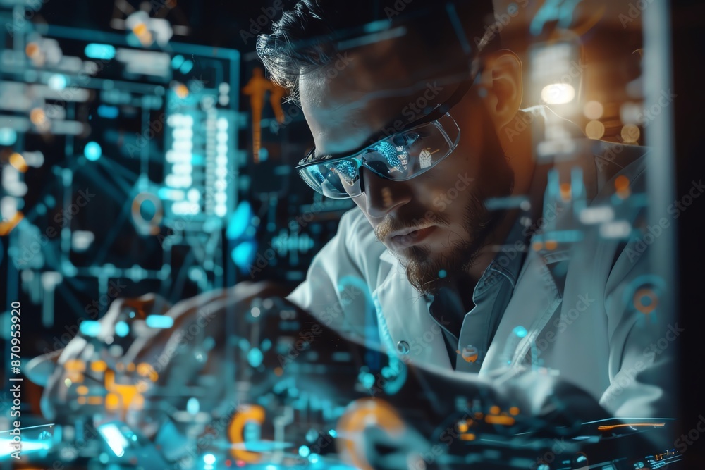 Engineer working on a robotics project, selective focus, technological innovation, dynamic, multilayer, high-tech lab backdrop Engineer working on a robotics project, selective focus, technological innovation, dynamic, multilayer, high-tech lab backdrop