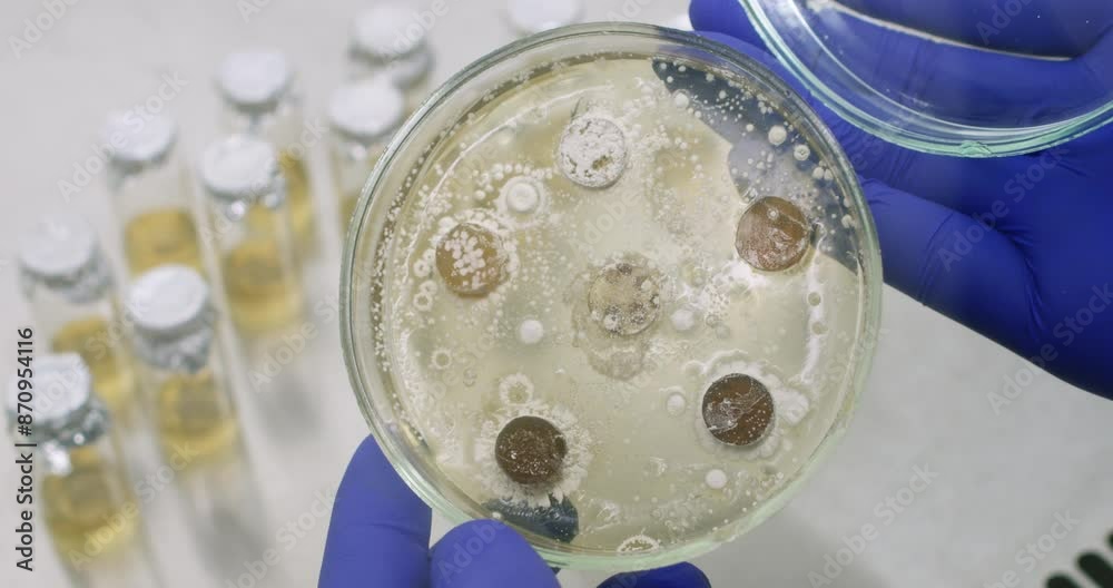 Examination of a Petri dish with columns and bacteria. Test for the effect of antibiotics on bacterial cultures. Examination of a Petri dish with columns and bacteria. Test for the effect of antibiotics on bacterial cultures.