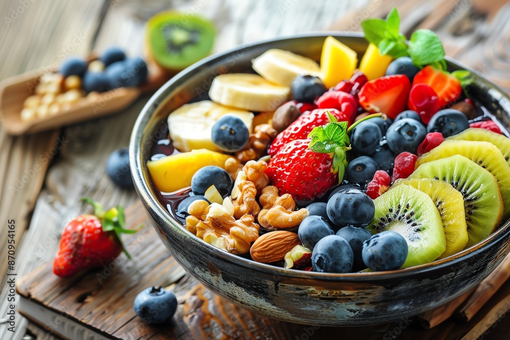 Healthy breakfast bowl with fresh fruits and nuts, focus on, nutritious start, vibrant, overlay, rustic kitchen backdrop Healthy breakfast bowl with fresh fruits and nuts, focus on, nutritious start, vibrant, overlay, rustic kitchen backdrop