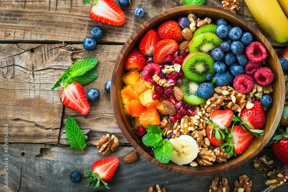 Healthy breakfast bowl with fresh fruits and nuts, focus on, nutritious start, vibrant, overlay, rustic kitchen backdrop Healthy breakfast bowl with fresh fruits and nuts, focus on, nutritious start, vibrant, overlay, rustic kitchen backdrop