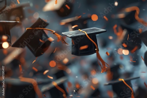 Graduation ceremony with caps in the air, focus on, academic achievement, realistic, fusion, university backdrop photo