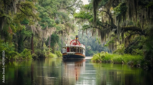 Charming red paddlewheel steamboat leisurely cruising scenic moss-draped river