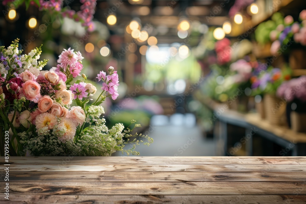 Empty table for product display with flower spring blur background. ai generative Empty table for product display with flower spring blur background. ai generative