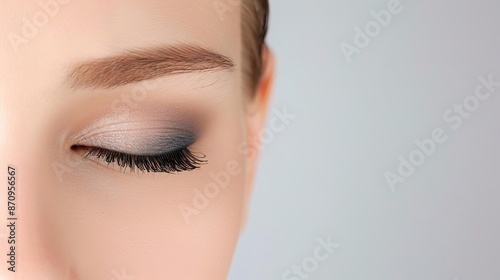 Close-up of a woman's eye with makeup, closed, neutral background.