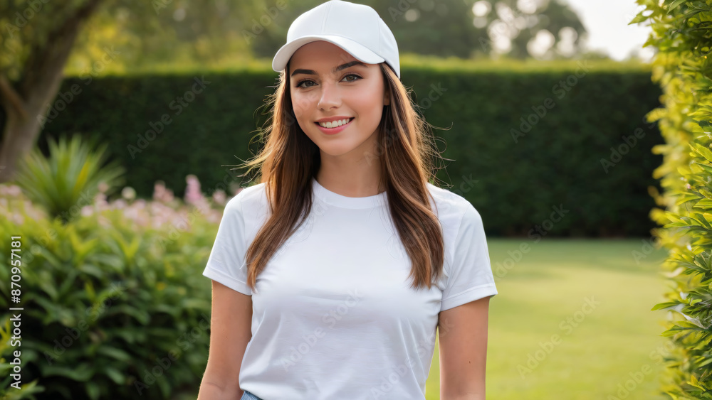 Young woman wearing white t-shirt and white baseball cap standing in the garden Young woman wearing white t-shirt and white baseball cap standing in the garden