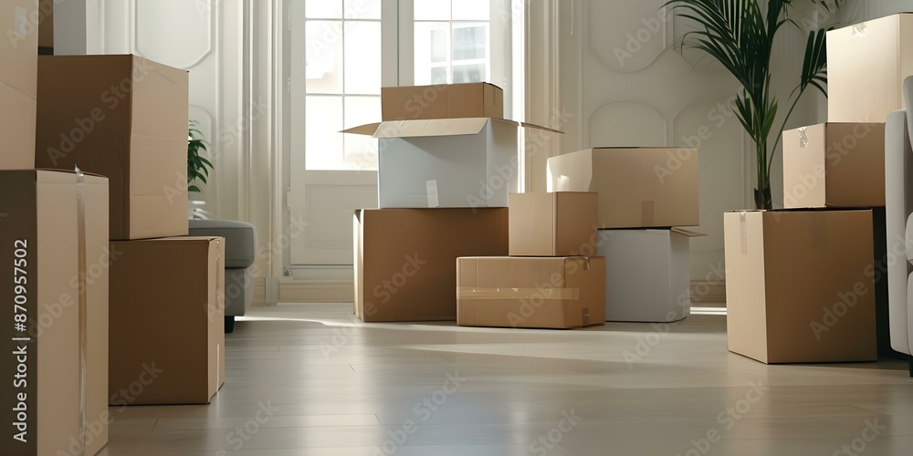 Living room cluttered with moving boxes and packaging. Concept Moving Boxes, Cluttered Living Room, Packing Supplies, Unpacking Process, Organizing Home Living room cluttered with moving boxes and packaging. Concept Moving Boxes, Cluttered Living Room, Packing Supplies, Unpacking Process, Organizing Home